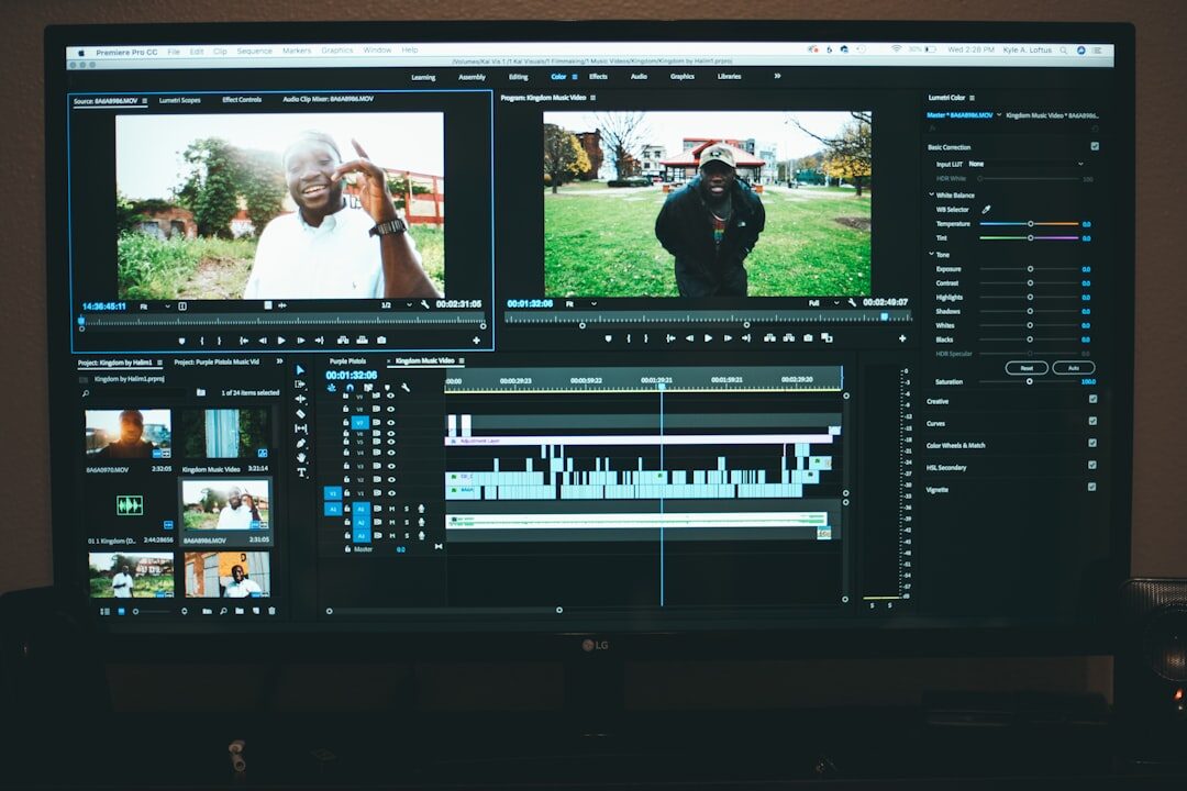 Video editing workstation with footage timeline on screen